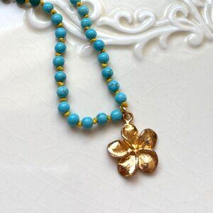 Turquoise Hand Knotted Necklace with Gold Vermeil Flower Charm - Made in Canada